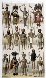 Traditionele kostuums van de inheemse bevolking van Oceanië. Illustratie in 
