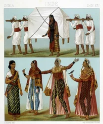 Transport en traditionele vrouwelijke kostuums. Illustratie in "Le costume historique" door Racinet