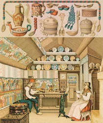 Houten huis in Zweden, Illustratie uit Le Costume Historique door Auguste Racinet