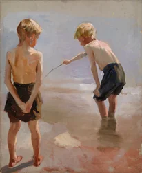Jongens die aan de kust spelen, studie