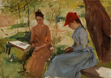 Meisjes die guirlandes maken - de zussen van de kunstenaar Annie en Berta die guirlandes maken, studie