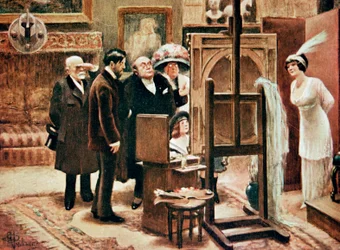 een schilder toont zijn schilderij, ca. 1920