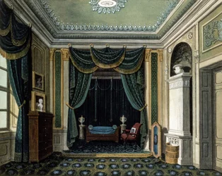 Een interieur met een slaapnis (kleurenlitho)