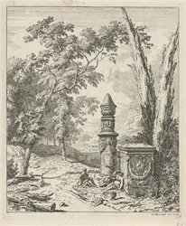 Landschap met rustende figuren bij een grafmonument