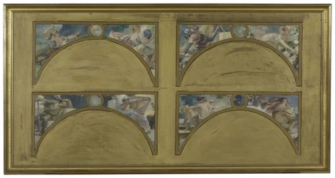 Schets voor de Salon des Lettres in het stadhuis van Parijs: de grote literaire werken (La Chanson de Roland, Le Misanthrope, Eviradnus, Mimi Pinson, Le Cid, Phèdre, Pantagruel, La Cigale), circa 1890