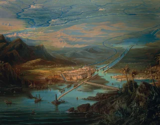 Gezicht op het Suezkanaal, door Albert Rieger, Olieverf op doek