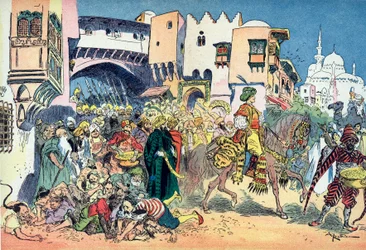 Aladdin rijdt door de straten van de stad en gooit geld om zich heen