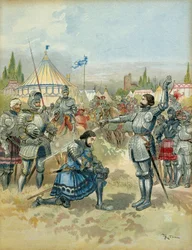 Vijfde Italiaanse Oorlog (1515-1516): Pierre Terrail de Bayard (1476-1524) wapenrusting Francois I (1494-1547) ridder na de slag bij Marignan (Maregnano) (Italië), op de avond van 14 september 1515