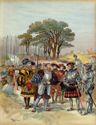 Vijfde Italiaanse Oorlog (1515-1516): in het kamp teruggetrokken van de Bicocca (bicoque) voor Milaan (Italië), in 1516, eisten de Zwitsers betaling, verlof of strijd, Odet de Foix, burggraaf van Lautrec, maarschalk van Frankrijk (1485-1528) kon hen niet b