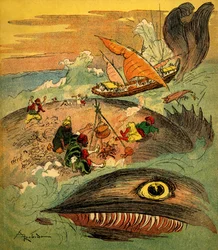 Sindbad de zeeman - verhaal van de duizend-en-een-nachten - boek uit 1948 die zijn avonturen vertelt (Fortin editie, collectie Wonderlijke Beelden van de Kindertijd) - illustratie door Albert Robida (1848 - 1926): Sindbad en zijn metgezellen zijn mislukt