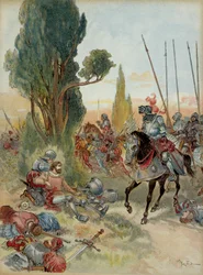Zesde Italiaanse Oorlog (1521-1526): dood van Pierre Terrail de Bayard (1476-1524), in 1524 bij Rebec (Italië) gewond door een haakbusschot, tegenover Charles de Montpensier, connétable van Bourbon (1490-1527). Illustratie