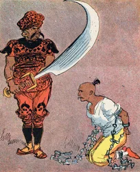 Sultan beveelt om Aladdins hoofd af te hakken. Illustratie door Albert Robida (1848-1926) voor het verhaal 
