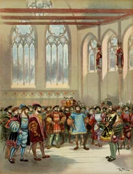De Bourgondische heraut, gestuurd door Karel V (1500-1558), werd ontvangen door Francois I (1494-1547) in de grote zaal van het Parlement in Parijs, eerste helft van de 16e eeuw
