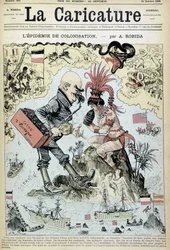 De kolonisatie-epidemie: antikolonialistische tekening door Robida - in "La Caricature" van 31/10/1885