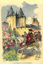 De koning van Frankrijk Francois I arriveert te paard voor de Cite de Carcassonne, Porte Narbonnaise