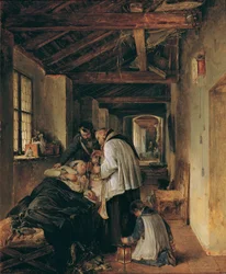 Een gewonde officier krijgt de laatste sacramenten