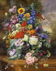 Stilleven met rozen, riddersporen, klaprozen en goudsbloemen op een richel