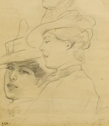 Hoofd van een vrouw met versierde hoed, profiel en driekwart zicht, ca. 1900