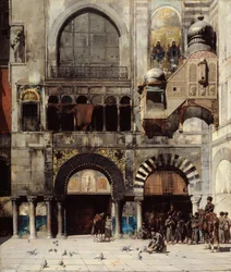 Circassische cavalerie wachtend op hun bevelhebber bij de deur van een Byzantijns monument...