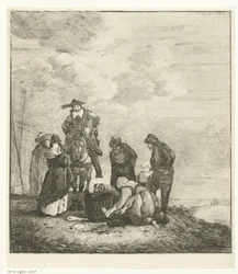 Visverkoopster met klanten bij het strand
