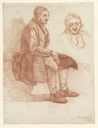 Zittende oude man, naar rechts, het hoofd herhaald