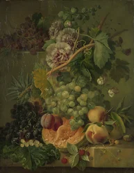 Stilleven met bloemen en fruit