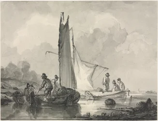 Rivierlandschap met visser en drie boten