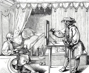 Houtsnede van een kunstenaar die een hulpmiddel gebruikt om de verhoudingen van een portret correct te krijgen. Gravure door Albrecht Dürer