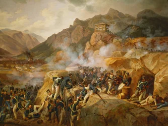Napoleons troepen vallen de Oostenrijkse bunker van Malborget aan, Zuid-Tirol ... (olieverf op doek)