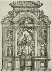 Altaarstuk met de mooie maagd van Regensburg en de heiligen Christophorus, Maria Magdalena, Florianus en Catharina staand in nissen, met God de Vader erboven