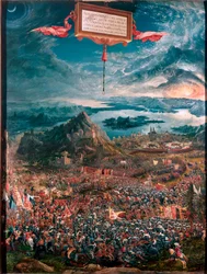De Slag bij Issos, gewonnen door Alexander de Grote in 333 v.Chr., 1529. Afmetingen 158 x 120 cm, München, Alte Pinakothek