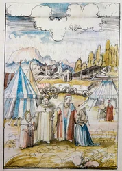 De toekomstige keizer Maximiliaan I, geleid door zijn vader Friedrich III, ontmoet zijn bruid, Maria van Bourgondië, in Neuss ...