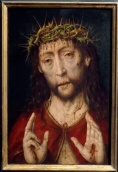 Christus van smarten. Gelaat van Christus met bloedende wonden van de doornenkroon en stigmata in de handpalmen. Schilderij van Albrecht Bouts (ca. 1455-1549), Ec. Hol.