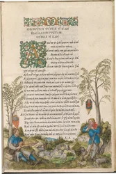 Een pastorale landschap met herders die een viola en panfluit spelen