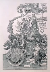 Ontwerp voor De Grote Triomfwagen van Keizer Maximiliaan I: detail met de Deugden die een krans op het hoofd van de Keizer plaatsen, gepland door Willibald Pirckheimer, uitgegeven c.1518