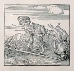Keizer Maximiliaan I van Duitsland (1459-1519) werpt een tegenstander uit het zadel in een steekspel, uit een ongepubliceerd boek dat de ridderlijke daden van de keizer verheerlijkt, c.1515