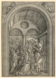 Heilige Familie met twee engelen in het gewelf