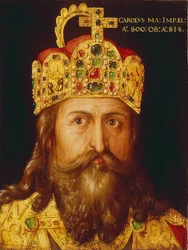 Geïdealiseerd portret van keizer Karel de Grote in kroningsgewaad met de Rijkskroon. Neurenberg, 1517