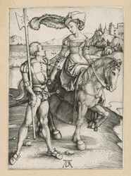 Landsknecht en jongedame te paard
