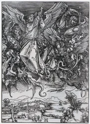 De strijd van Michaël met de draak, figuur X, blad 12 van de reeks „De Apocalyps“