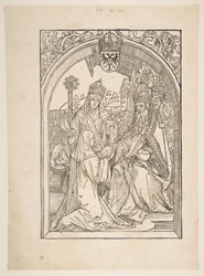 Rosvitha presenteert de komedies aan keizer Otto I. illustratie uit de Opera Hrosvi...