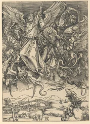 De heilige Michaël in gevecht met de draak, uit de serie De Apocalyps