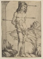 De heilige Sebastiaan aan de zuil gebonden
