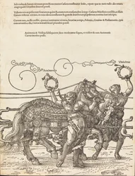 De triomfwagen van Maximiliaan I De grote triomfwagen [plaat 6 van 8], 1523 Latijnse editie