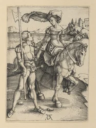 De jonge dame te paard en de landsknecht