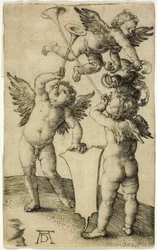 Drie putti met schild en helm