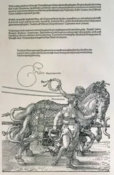 Triomfwagen van keizer Maximiliaan I van Duitsland (1459-1519): detail van de paardenteams, geleid door twee deugden, Voorzienigheid en Matiging, gepubliceerd ca.1518