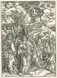 Vier engelen die de winden tegenhouden en de ondertekening van de uitverkorenen. De Openbaring van Johannes, ca. 1497-98 (houtsnede)