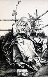 Madonna en Kind in een hek (gravure op koper)