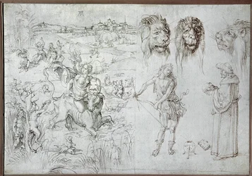 Verkrachting van Europa, leeuwenkoppen, boogschutter, salie, schedel (tekening)
